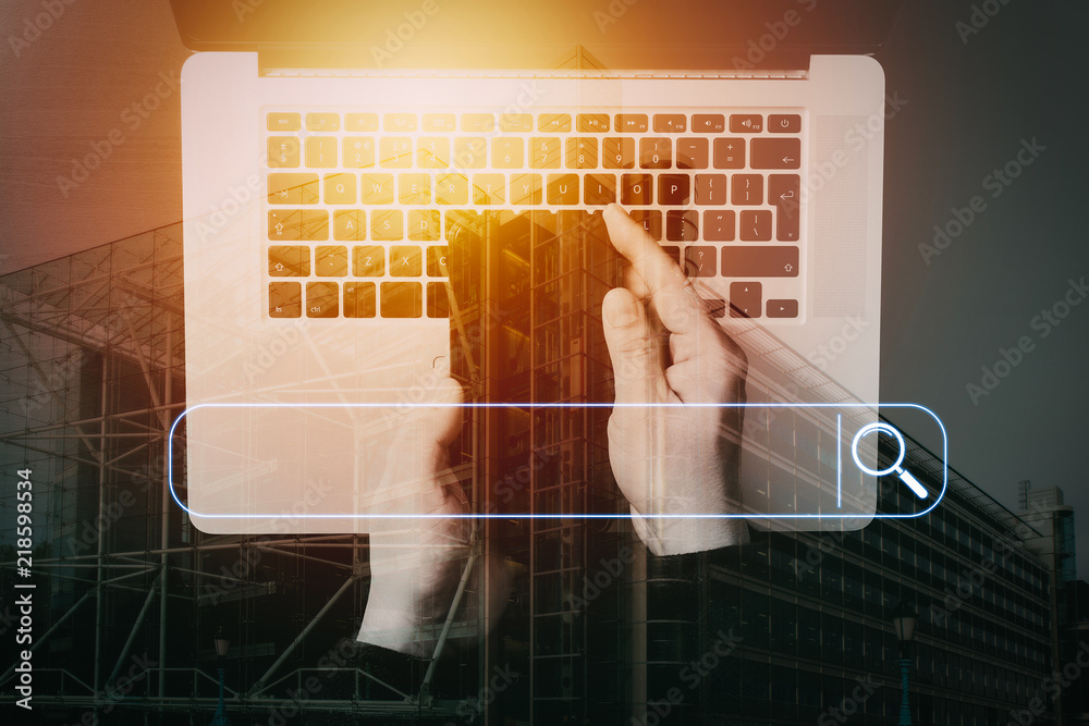 Poster Searching Browsing Internet Data Information Networking Concept with blank search bar.businessman working with mobile phone.