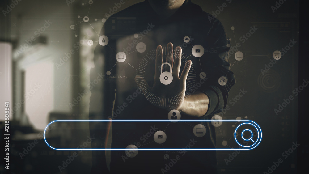 Poster cyber security internet and networking concept.Businessman hand working with VR screen padlock icon on computer background