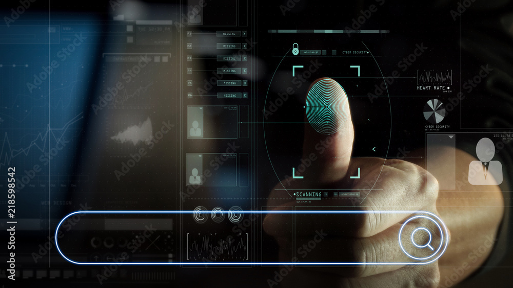 Poster cyber security internet and networking concept.Businessman scanning fingerprint biometric identity for approval with VR interface diagram.