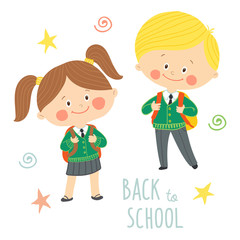Funny hand drawn kids in school uniforms with schoolbags. Cute boy and girl with backpacks. Back to school card design.Cartoon vector clip art eps 10 illustration on white background in flat style