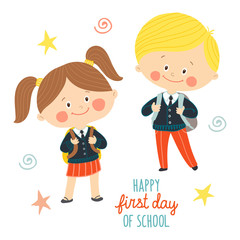 Funny hand drawn kids in school uniforms with schoolbags. Cute boy and girl with backpacks. Happy first day of school card design.Cartoon vector eps 10 illustration on white background in flat style.