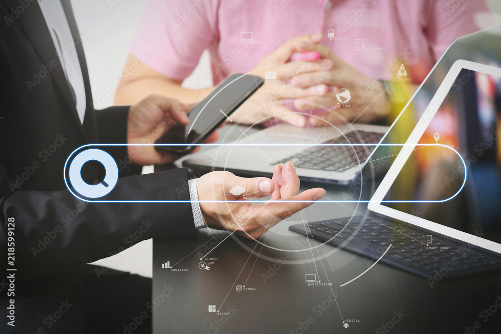 Poster co working team meeting concept,businessman using smart phone and digital tablet and laptop computer