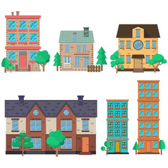 Set of houses illustrations in flat style. Design element for poster, banner , flyer, motion design, web page.