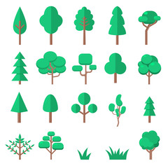 Set of tree illustrations in flat style isolated on white background. Design element for presentation, poster, banner, web page, flyer.