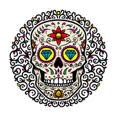 mexican sugar skulls with floral pattern background. DAY OF THE DEAD. Design element for poster, greeting card, banner, t shirt, flyer, emblem.