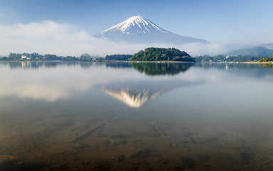 Long exposure of Mt. Fuji reflected on water at Kawaguchiko lake