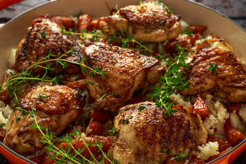 Free range chicken thighs with rice and honey glazed chantenay carrots in pan