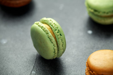Sweet colorful macarons dessert, almond cake, cookies. selected focus.