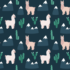 Modern seamless hand drawn pattern with Alpacas, Cactus and Mountains. Childish texture. Good for print. Vector repetitive wallpaper. © Viktoriia