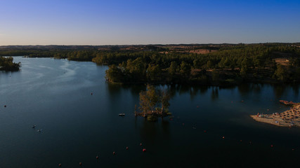Aerial view from a lake in Portugal. Minas de Sao Domingos, Alentejo, Portugal