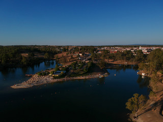 Aerial view from a lake in Portugal. Minas de Sao Domingos, Alentejo, Portugal