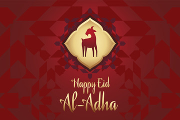 Eid Al Adha vector illustration and traditional calligraphy for celebration of muslim holiday with goat sacrifice in red maroon background