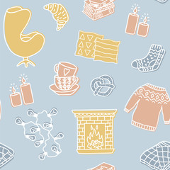 Hygge seamless pattern. Cute illustration of autumn and winter season hygge attributes. Scandinavian style print. Vector wallpaper.
