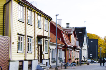 Pärnu or Parnu is a resort city in southwestern Estonia, overlooking Pärnu Bay. Old village houses and street.