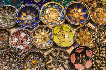Decorated plates hanging on wall