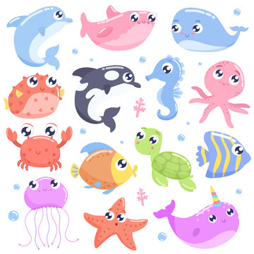 Cute cartoon sea animals. Flat design