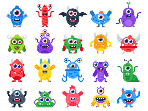 Cartoon monster. Cute happy monsters, halloween mascots and funny mutant toys. Scary creatures vector flat icon set