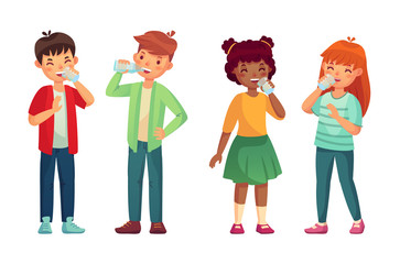 Kids drink glass of water. Happy boy and girl drinks. Children drinking hydration level care vector cartoon illustration