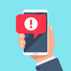 Alert message mobile notification. Danger error alerts, virus problem or spam notifications on phone screen vector illustration - obrazy, fototapety, plakaty