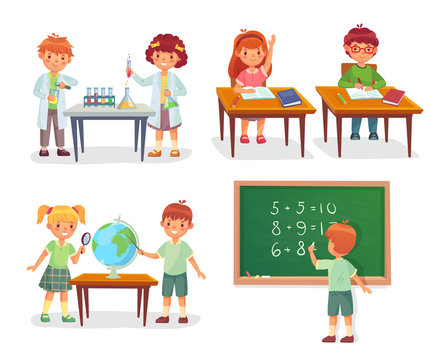 Kids on school lesson. Primary schools pupils on chemistry lessons, learn geography globe or sit at desk vector cartoon illustration