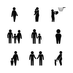 child vector icons set. pregnant, mother and child, hug to the mother and child playing basketball in this set