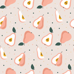Hand drawn seamless pear pattern. Repetitive simple vector background with fruits. - 218603527