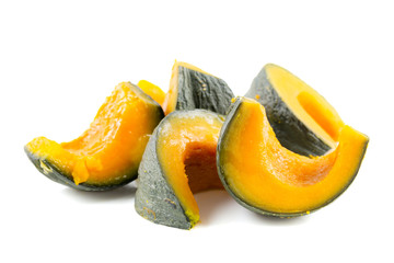 Slices of streamed pumpkin isolated on white background.