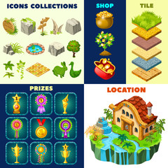 Isolated vector elements for computer game. 3d isometric building on island. Collection icons landscape design, prizes, rewards, winner cups, game trophy, money, rosette awards, tiles.
