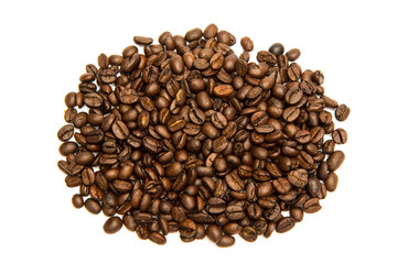 Top view of Pile of roasted coffee beans isolated on white background.
