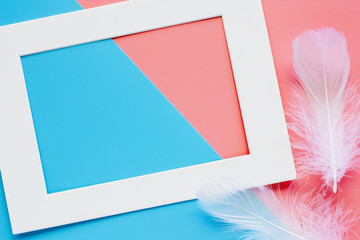 White paper frame with white feather on pink and blue pastel color background. Flat lay and top view image.