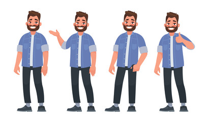 Set of character a handsome bearded man in casual clothes in different poses