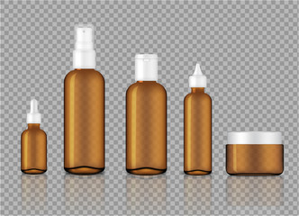 Mock up Realistic Glossy Amber Transparent Glass Cosmetic Soap, Shampoo, Cream, Oil Dropper and Spray Bottles Set for Skincare Product Background Illustration