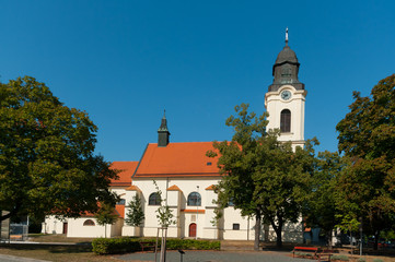 Fototapeta na wymiar Baroque Church of the Assumption of the Virgin Mary. Country town Velke Pavlovice, South Moravia, Czech Republic.