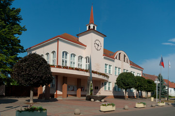 Fototapeta na wymiar City Hall building in country town Velke Pavlovice, South Moravia, Czech Republic.