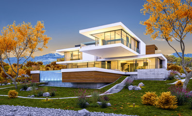 Fototapeta na wymiar 3d rendering of modern cozy house by the river with garage for sale or rent with beautiful mountains on background. Cool autumn evening with soft light from window.