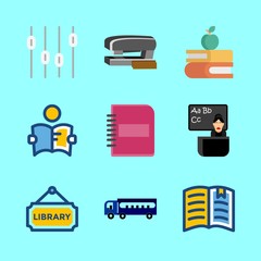 school vector icons set. notebook, levels, open book and library in this set