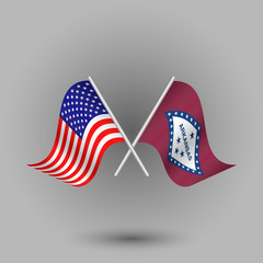 vector two crossed american and flag of arkansas on silver sticks - symbols of united states of america usa