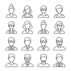 People related icons: thin vector icon set, black and white kit