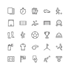 Simple Set of Soccer Football Related Vector Line Icons. Contains such Icons as Ball, Soccer Field, Jersey, Player and more. Outline Style. Editable Stroke. 128x128 Pixel Perfect.