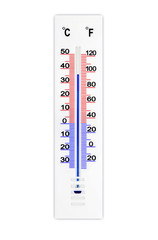 Meteorology thermometer isolated on white background. Air temperature plus 36 degrees celsius