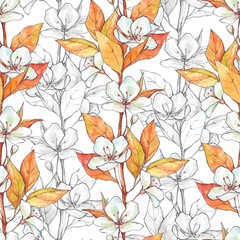 Fototapeta na wymiar Seamless pattern with flowers and leaves. Floral background, hand drawn