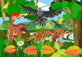 Obraz na płótnie Canvas Jungle scene vector illustration with Eagle harpy, parrots, butterflies, exotic plants, jaguar, monkey, tapir rainforest fauna, vector illustration