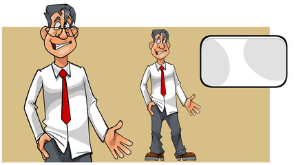 cartoon puzzled man in shirt with tie and blank card