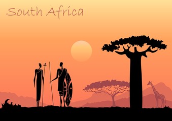 African men against the African sunset. Vector background