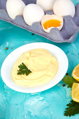 Homemade sauce Mayonnaise and ingredients eggs, oil