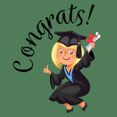 Congrats colorful flat poster with happy graduate celebration graduation day and showing thumb up sigh vector illustration.