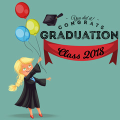 Congrats class of 2018 flat colorful poster. Happy smiling girl in gown with diploma throwing cap vector illustration.