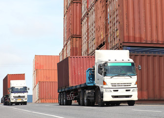 Transportation, import-export and logistics concept, container truck, ship in port and freight...
