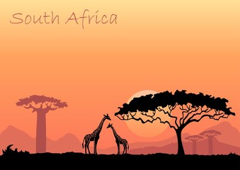 African landscape with wild animals. Vector illustration