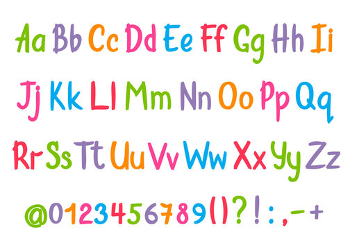 Coloful alphabet in sketchy style. Vector handwritten pencil letters, numbers and punctuation marks. Brush pen handwriting font.